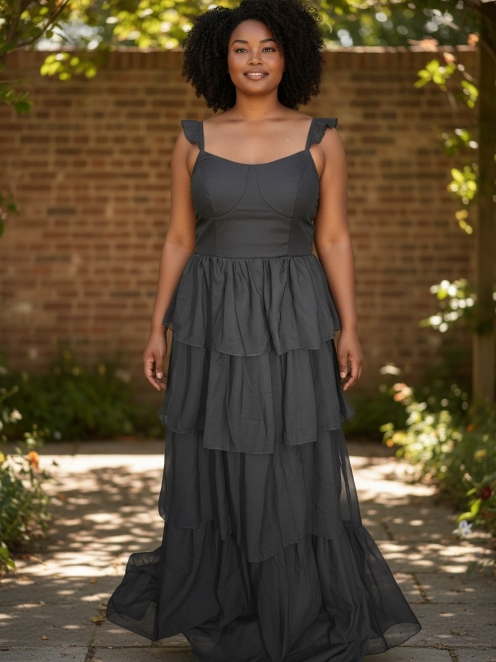 Tiered Black Maxi Dress with Ruffled Straps